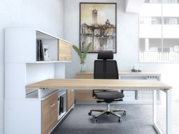 Bureau moderne avec chaise ergonomique, plantes et coin salon confortable.